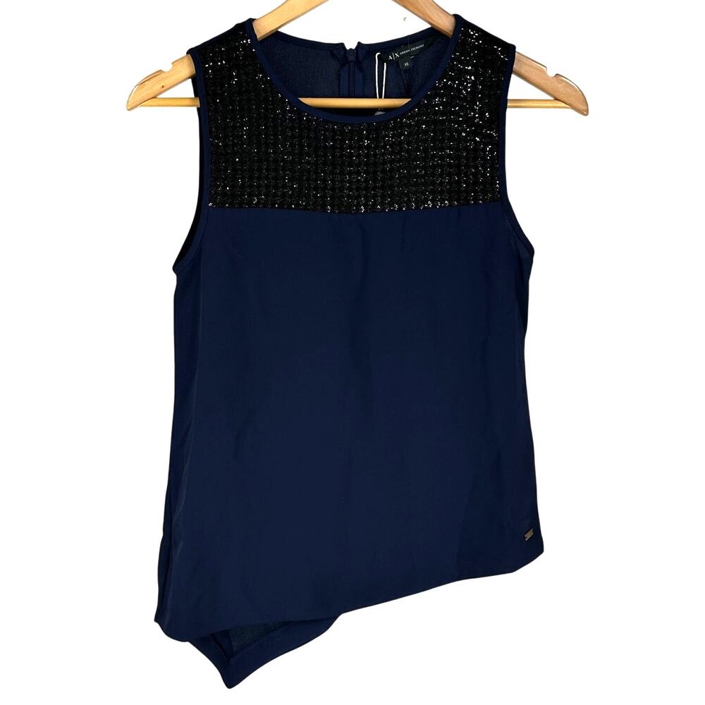 AX Armani Exchange Asymmetrical Rhinestone Top Navy Size XS NWOT FLAW